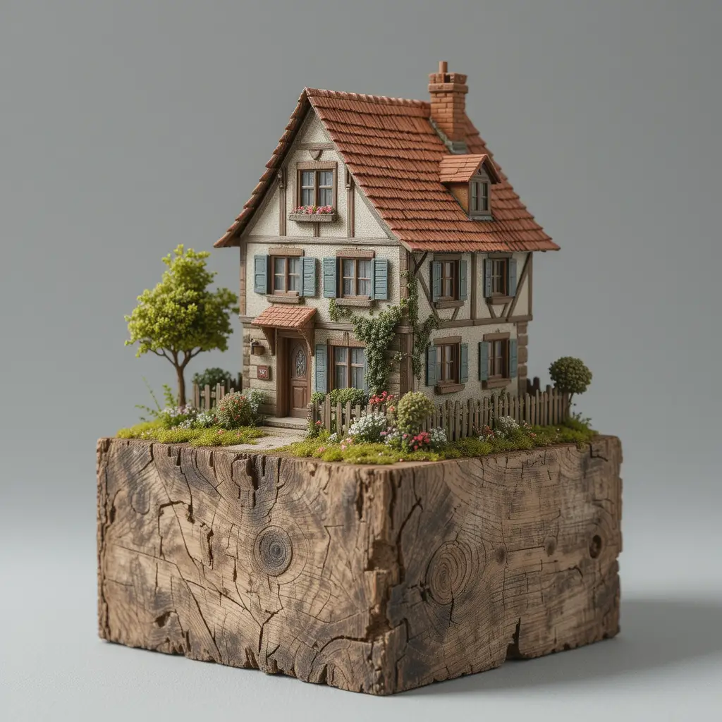Handgefertigtes Miniatur-Diorama eines europäischen Hauses auf Holzblock