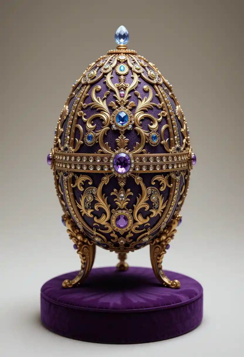 Uovo gioiello decorato su supporto di velluto viola