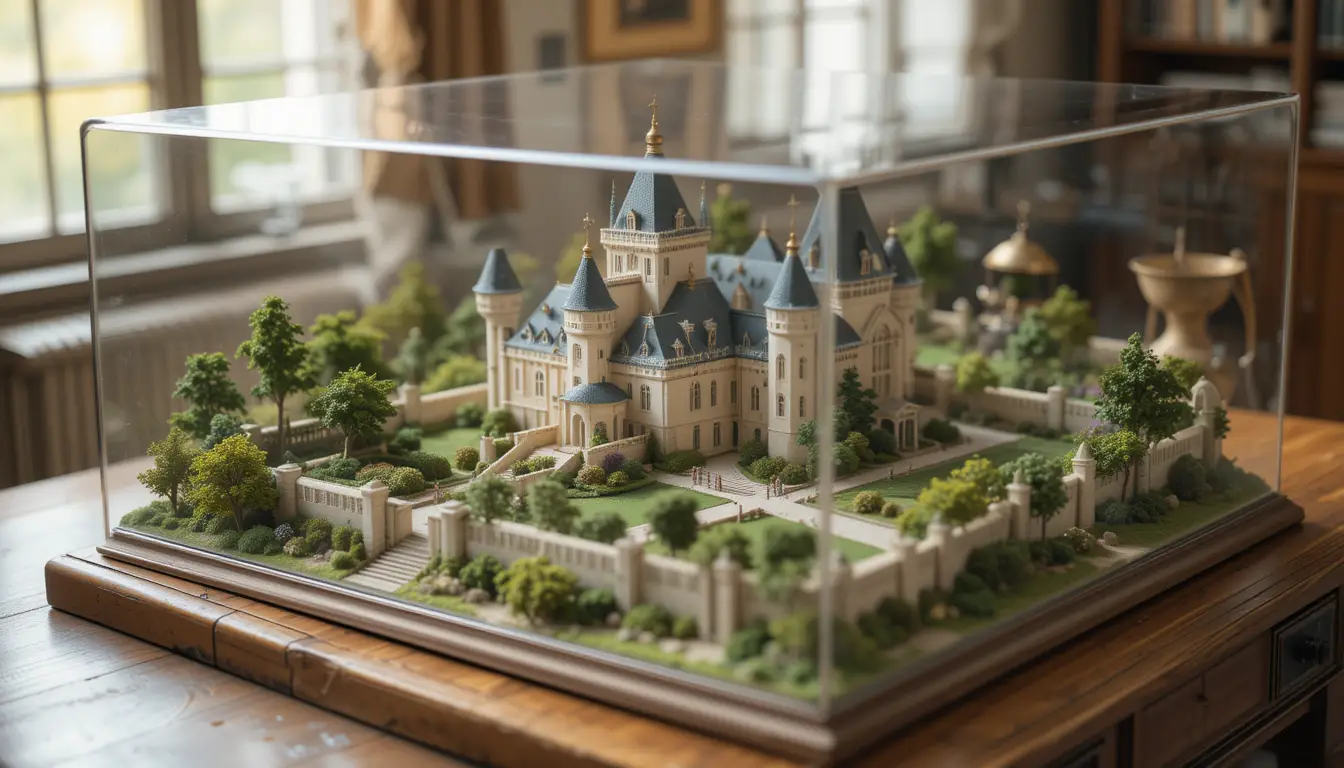Modello di castello in miniatura con fossato sotto vetro su scrivania in rovere