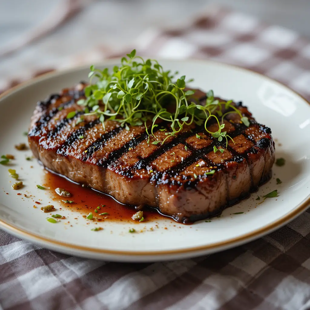 Steak grillé avec micro-pousses sur une table à motif carreaux