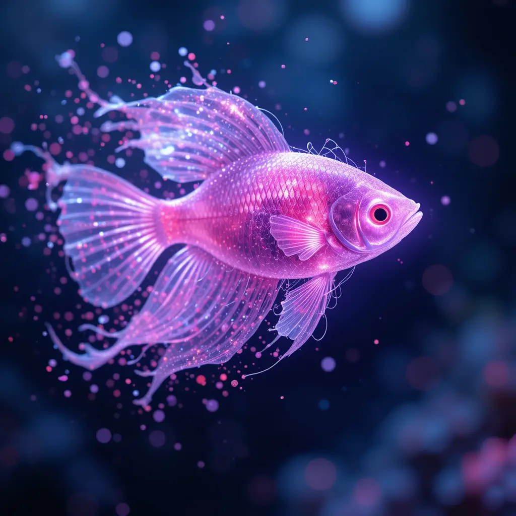 發光的鬥魚化作柔和的粉彩粒子