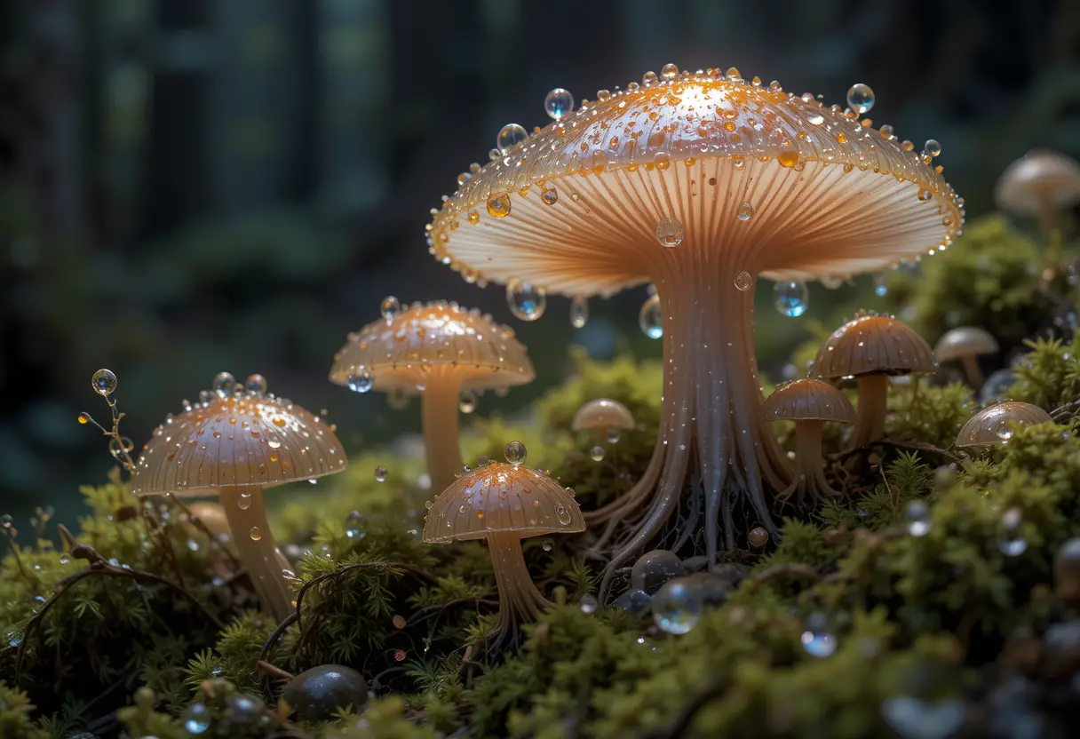 Primo piano macro di muschio e micosi insoliti in una foresta oscura