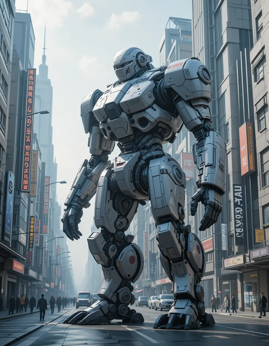 Géant robot blindé dans une rue de ville futuriste