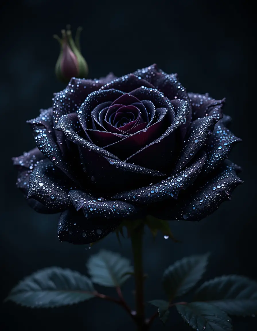 Nahaufnahme einer schwarzen Rose mit schimmernden Wassertropfen