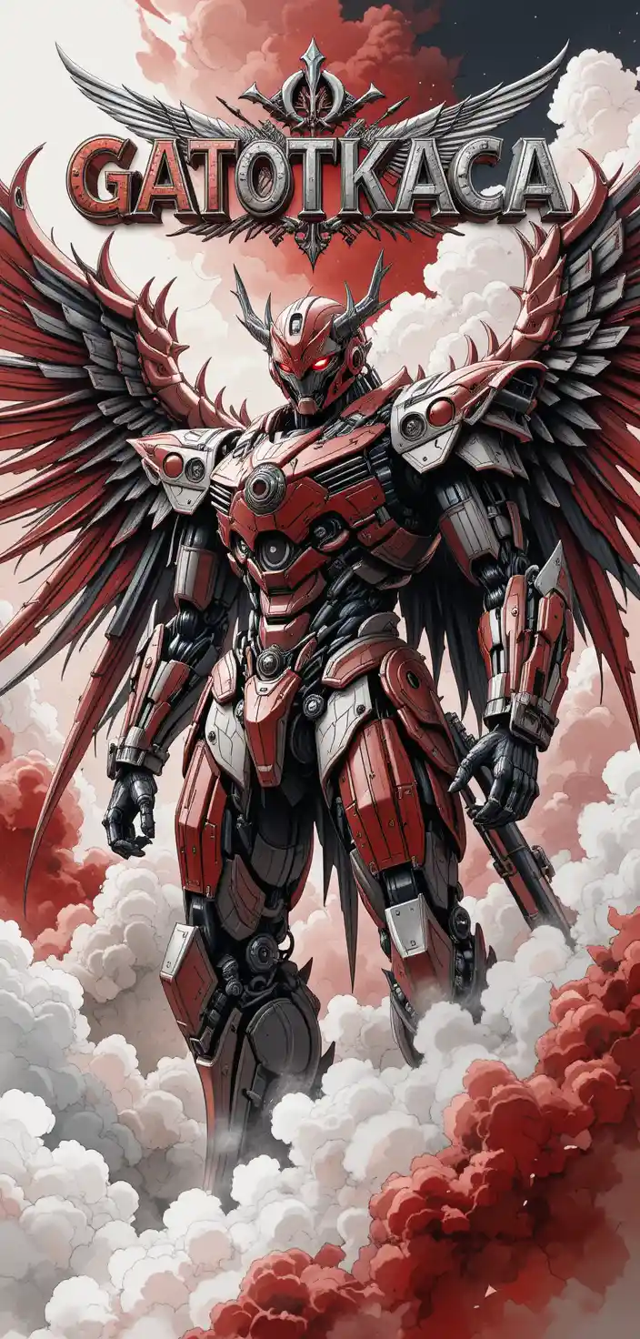 Colossal mecha hero with mechanical wings in red cloud sky