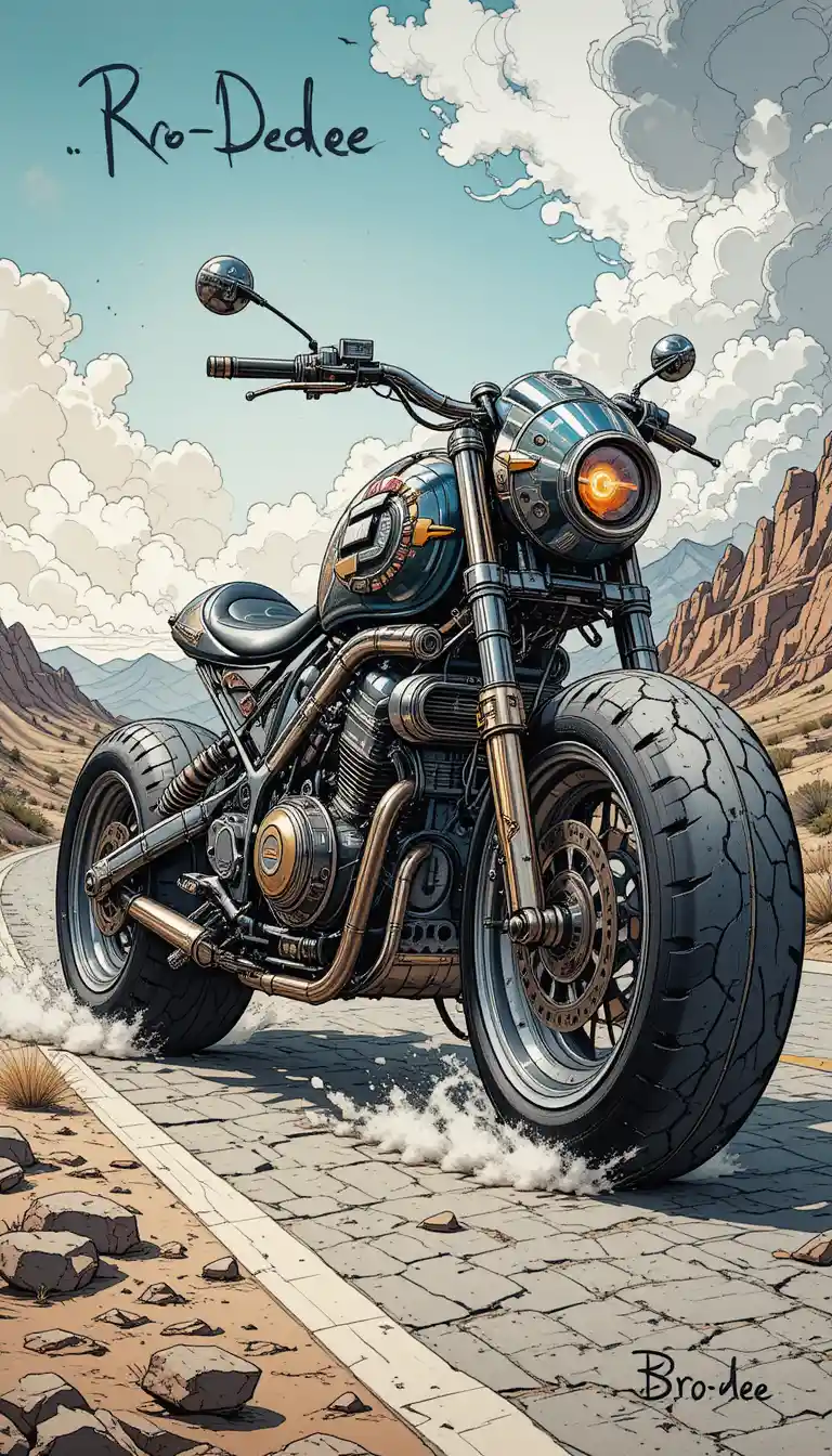 Auto lowrider futuristica a forma di ratto su una drammatica strada nel deserto