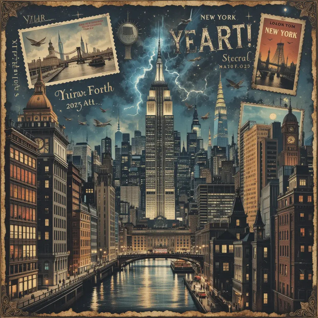 Vintage-Collage aus New-York-Reisepostkarten bei Nacht