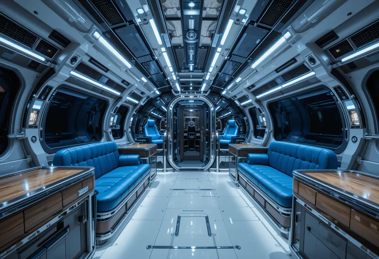 Futuristische Raumschiffkabine mit blauen Sitzen und Holzakzenten