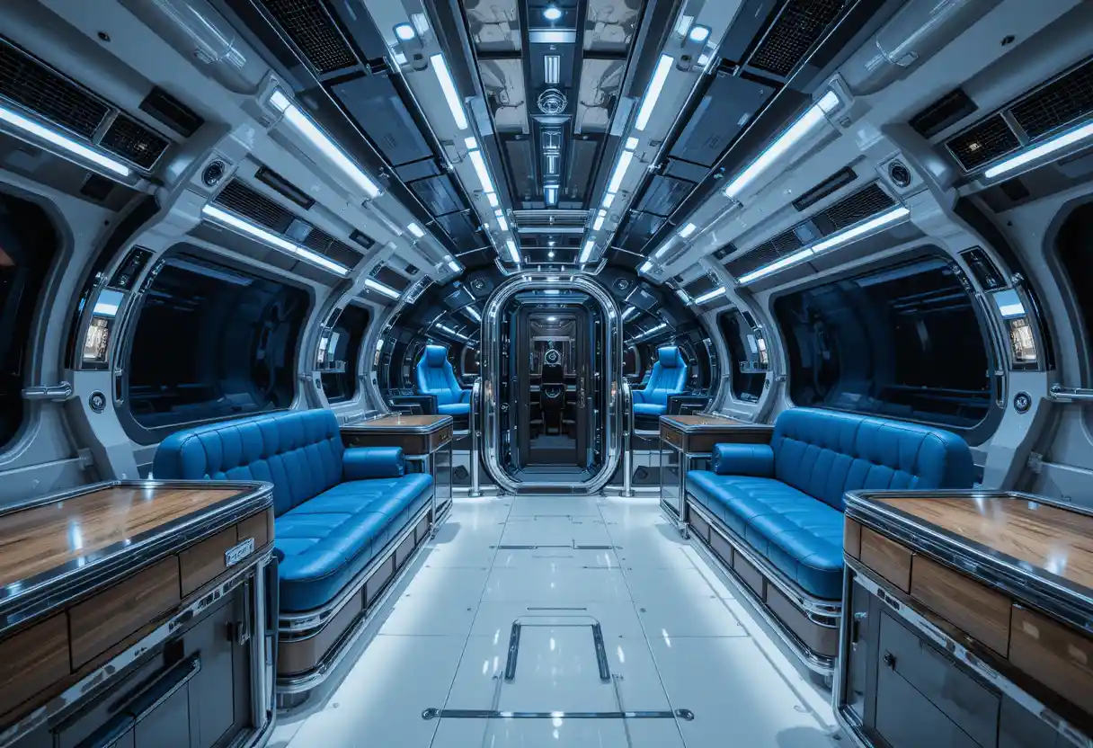 Cabina di astronave futuristica con sedili blu e dettagli in legno