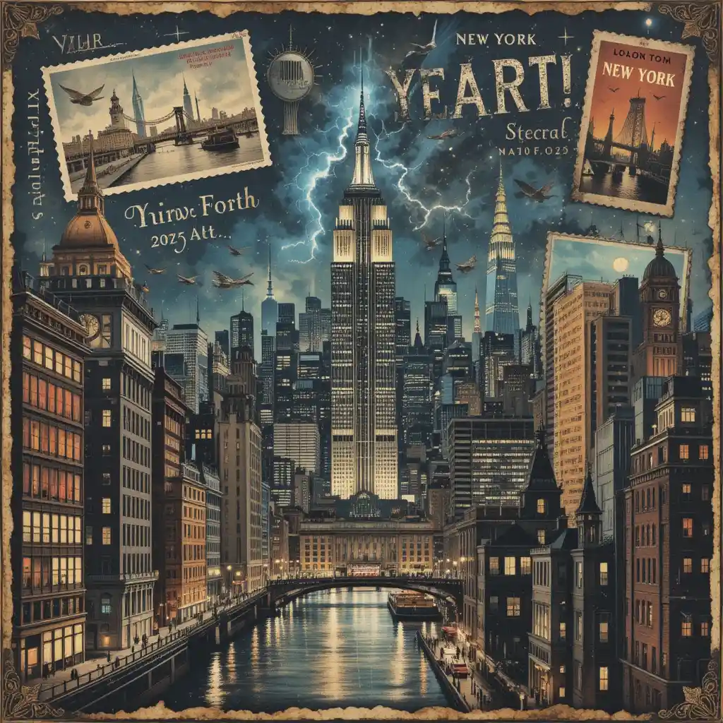 Vintage-Collage aus New-York-Reisepostkarten bei Nacht