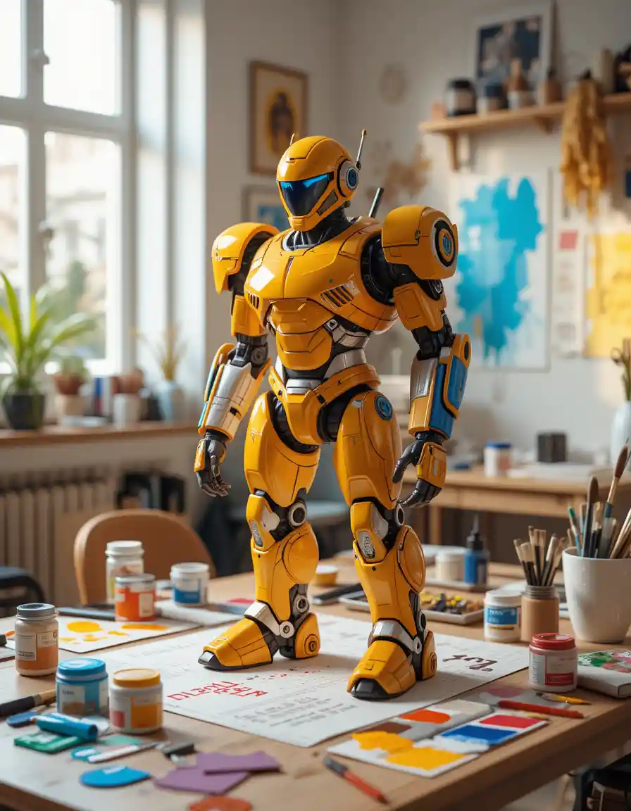 Colorful robot model on a creative painting desk