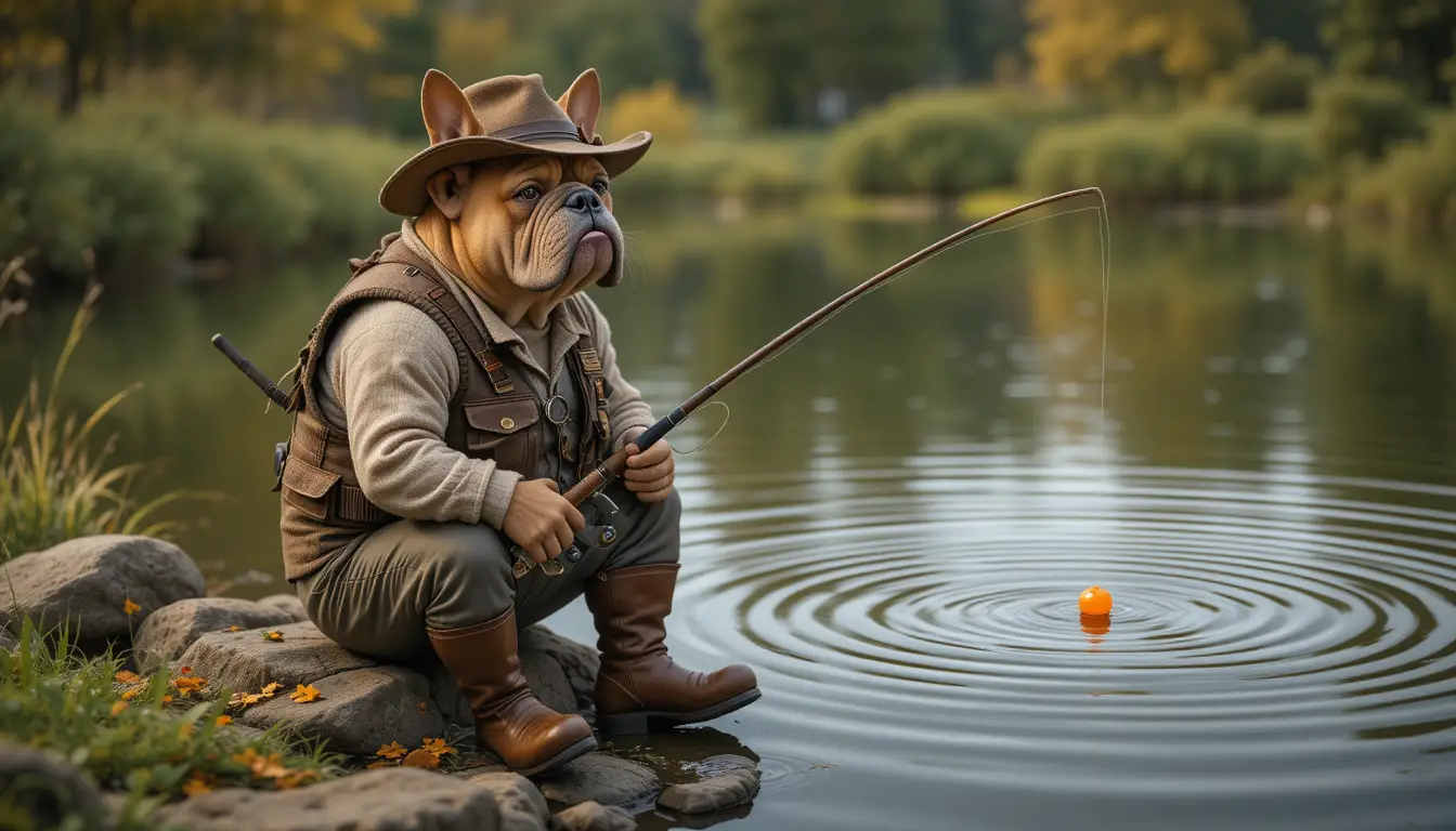 Bulldog antropomorfo che pesca da solo in uno stagno tranquillo