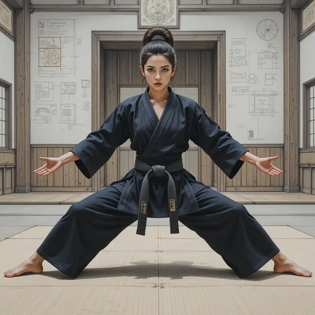 Female judoka stretching in a wide stance inside dojo