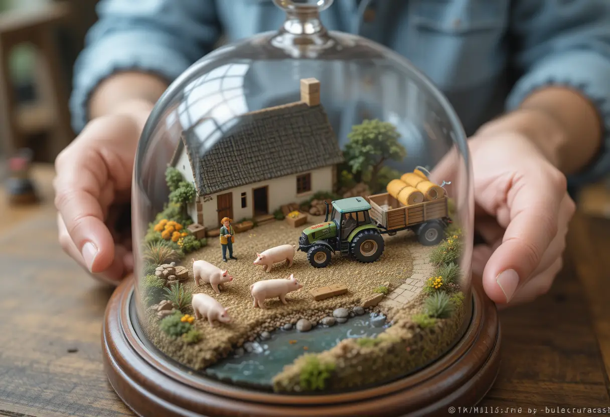 Fattoria Bretone in Miniatura su Vassoio di Legno sotto Campana di Vetro