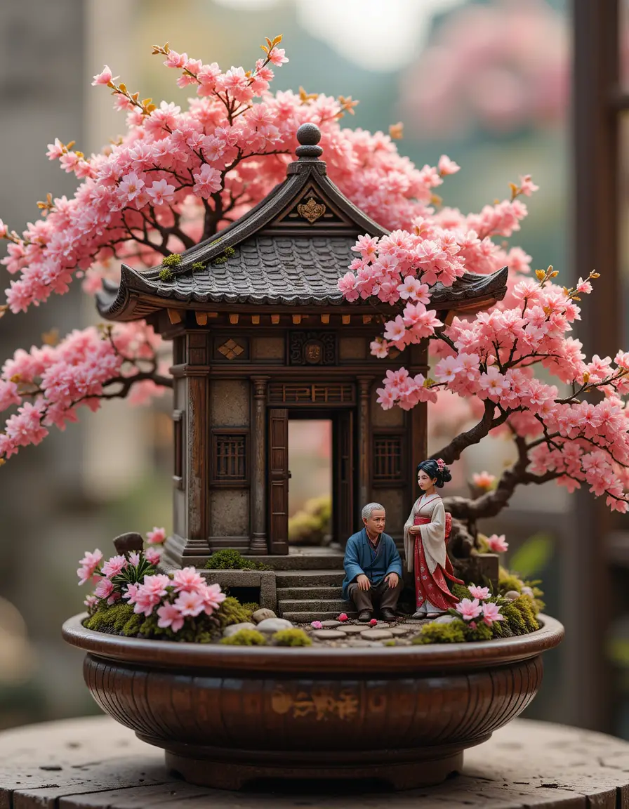 Miniaturlandschaft mit Bonsai und japanischem Tempel im Frühling