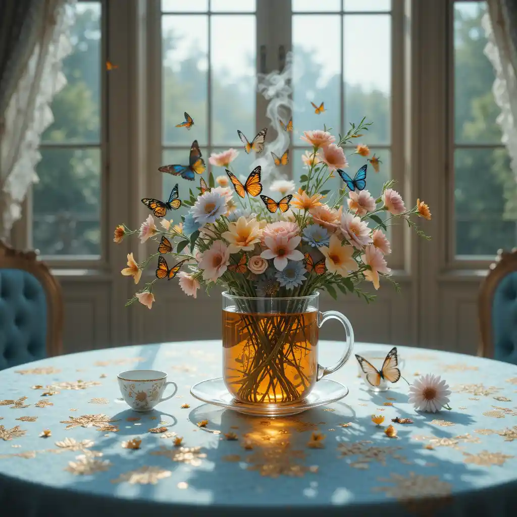 Romantic close up of steaming tea cup and surreal flowers