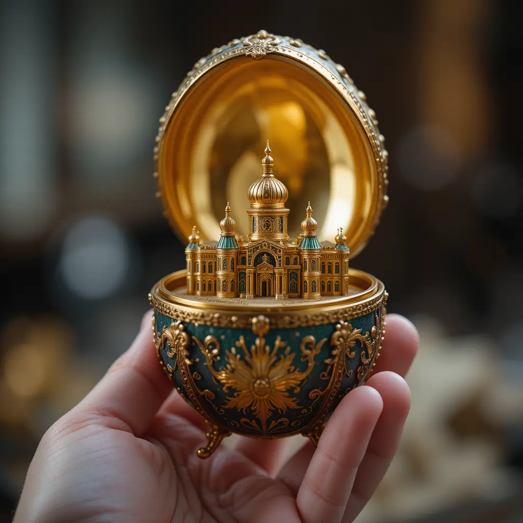 Main tenant un œuf de Fabergé ouvert avec palais doré
