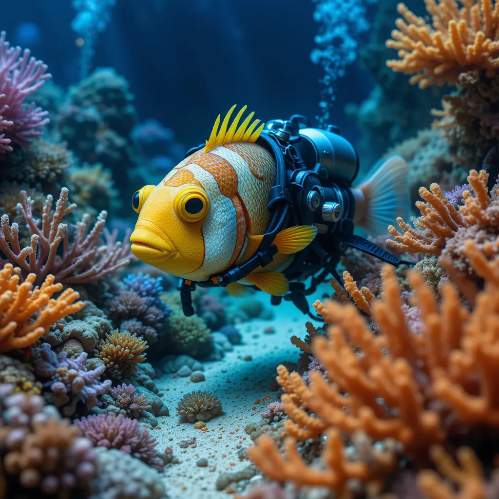 穿著潛水裝的卡通魚探索海底世界