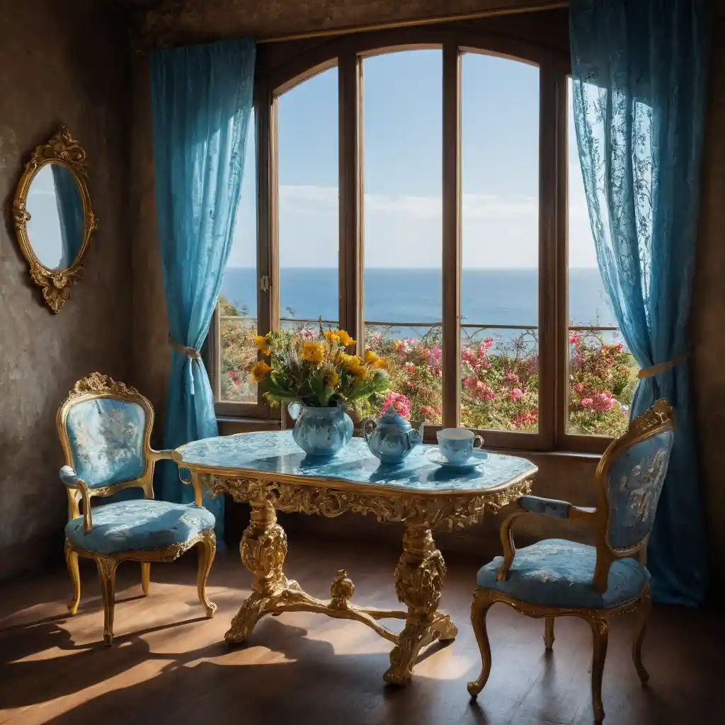 Romantic table with steaming tea and surreal floral vase