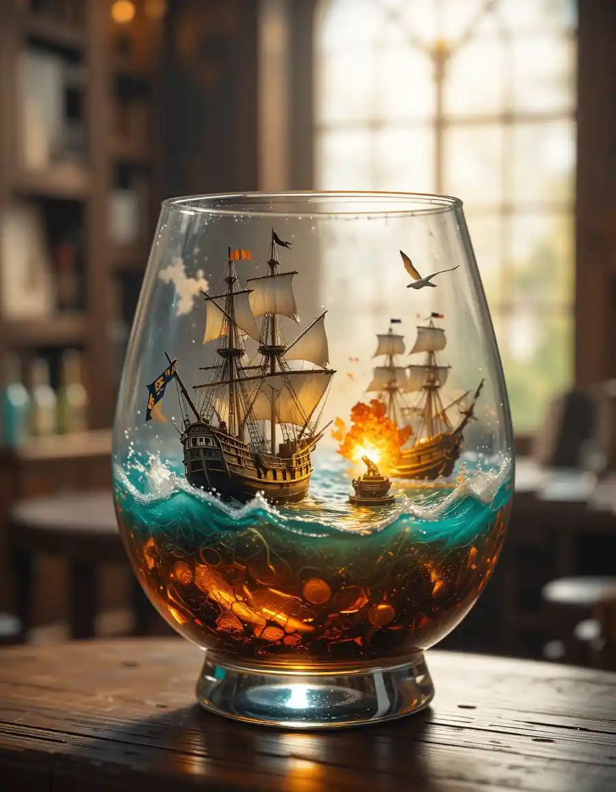 Oceano in miniatura di rum con navi pirata e galeoni in battaglia