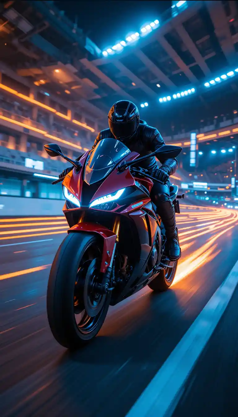 Futuristischer Motorradfahrer rast durch neonbeleuchtete Stadtnacht