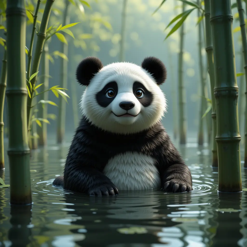 Panda in macro stile Pixar accanto al bambù sopra acqua calma