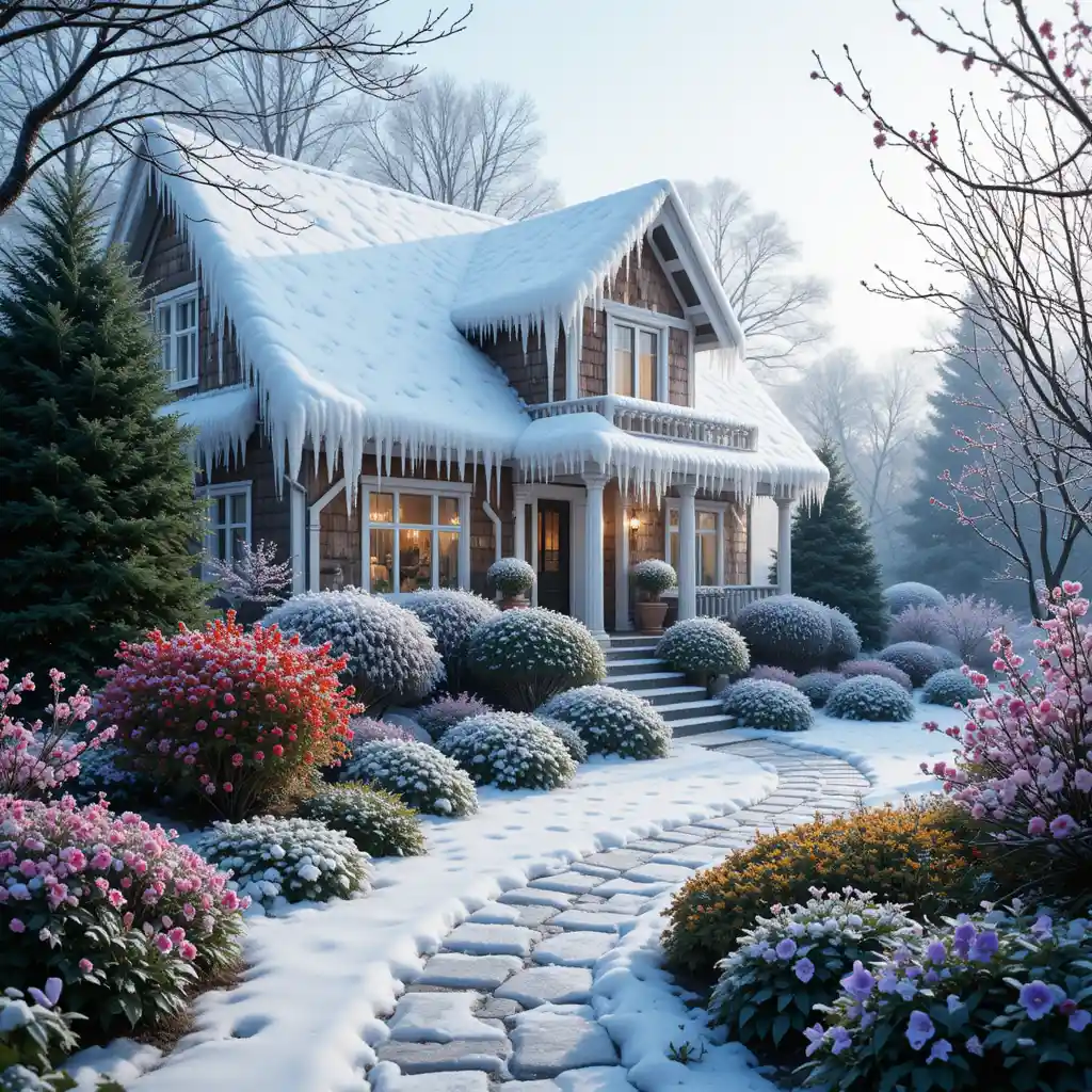 Maison glacée et douillette dans un jardin d’hiver enneigé