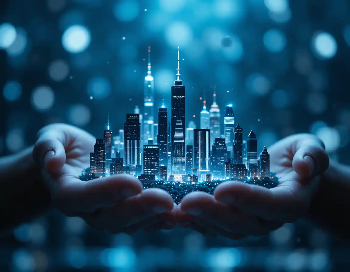 Città futuristica al neon che fluttua sopra mani umane
