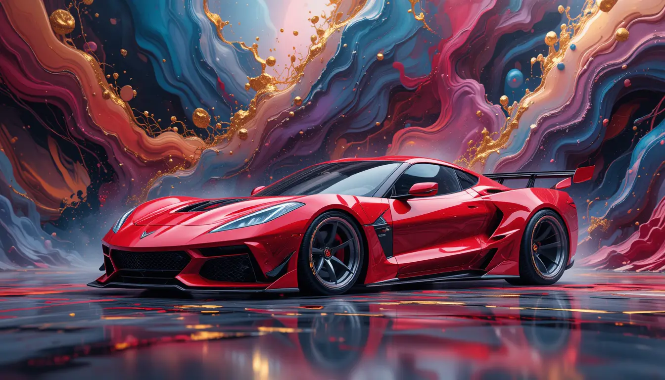 Art fluide cosmique abstrait avec voiture de sport rouge futuriste