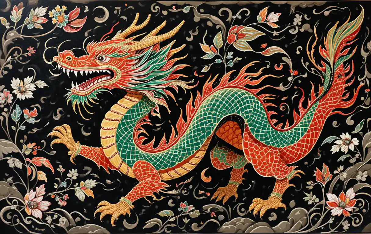 Colorful dragon dance over bold block printed background