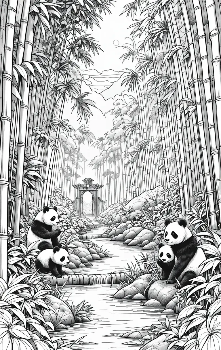 Pandas im Bambuswald Malbuch-Landschaft