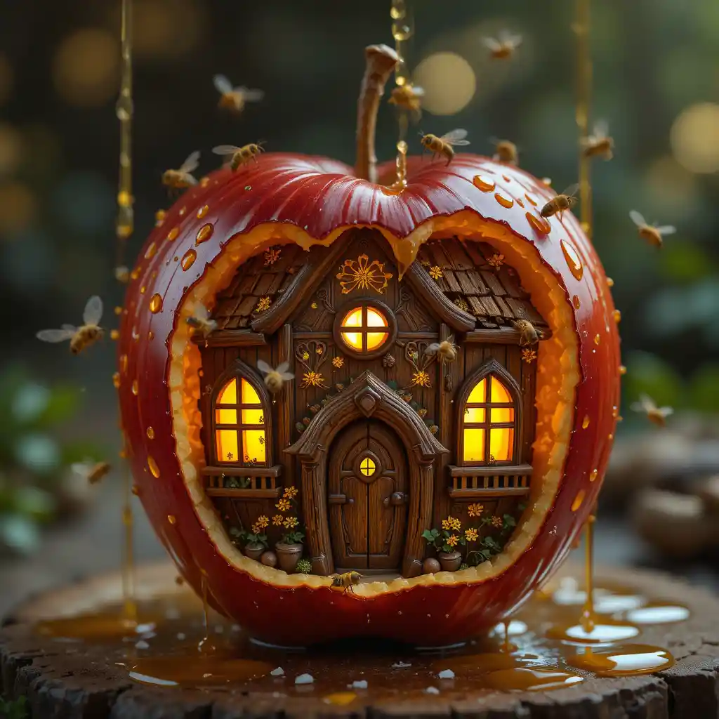 Whimsical miniature house carved inside a red apple