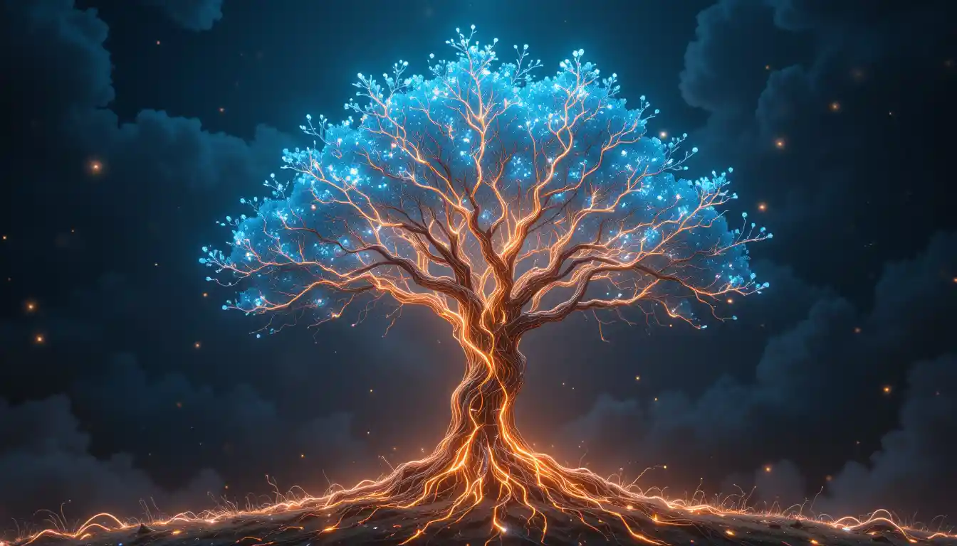 Futuristic tree merging circuitry branches with hologram leaves