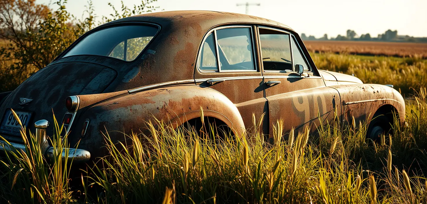 Alter rostiger Bentley in einem englischen Feld zurückgelassen