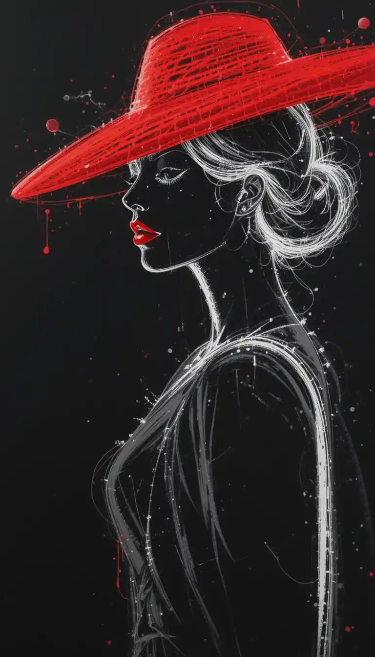 Minimal line art portrait of a woman in a red hat