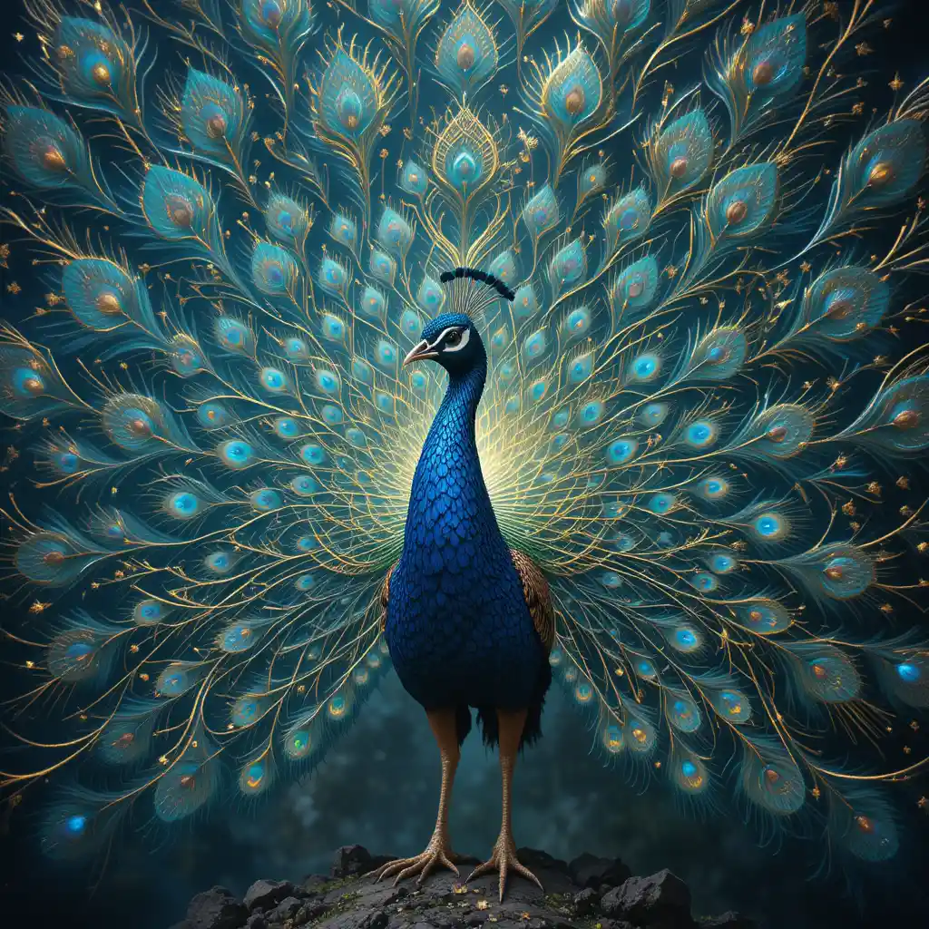 Majestic peacock with iridescent fractal plumage in dreamlike realm