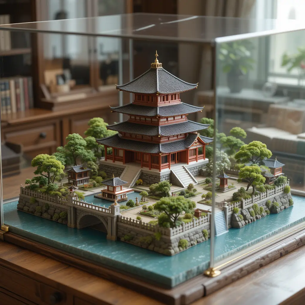 Modello in miniatura di tempio giapponese sotto vetro su scrivania in rovere