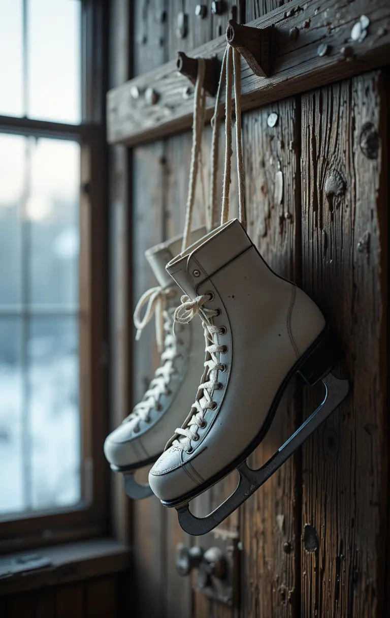 Gros plan sur des patins à glace suspendus à un mur intérieur rustique