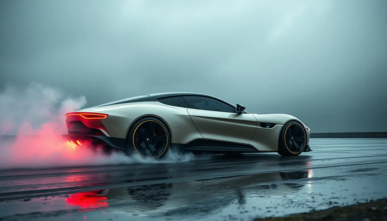 Futuristischer Sportwagen, der auf einer neblig‑regnerischen Straße schleudert