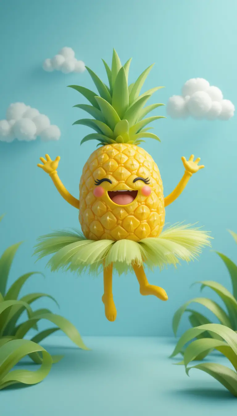 Fröhliche tanzende Ananas in verspielter 3D-Himmelskulisse