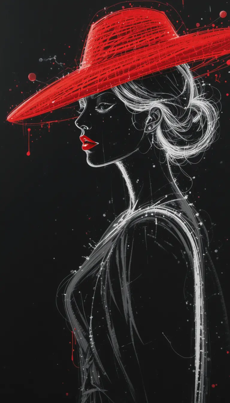 Ritratto minimalista lineare di una donna con cappello rosso