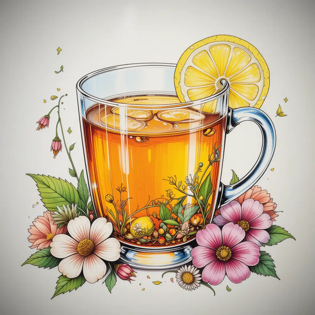 Ilustração de xícara de chá de ervas com limão e flores