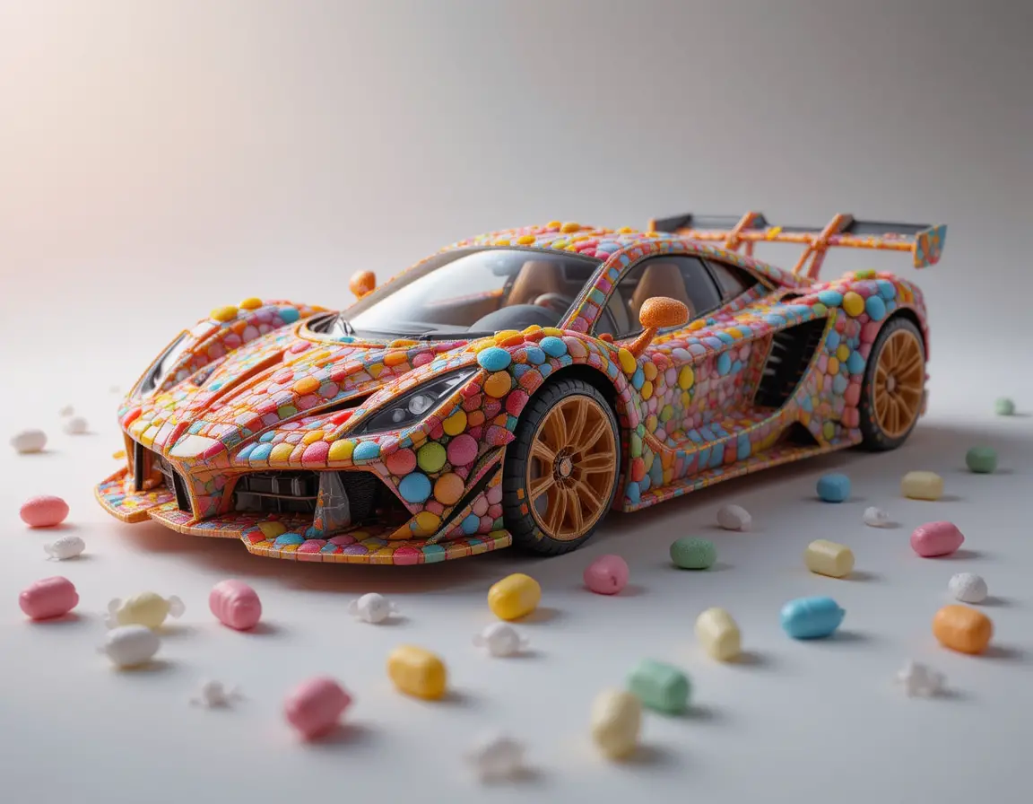 以繽紛糖果雕塑而成的超級跑車 3D 渲染
