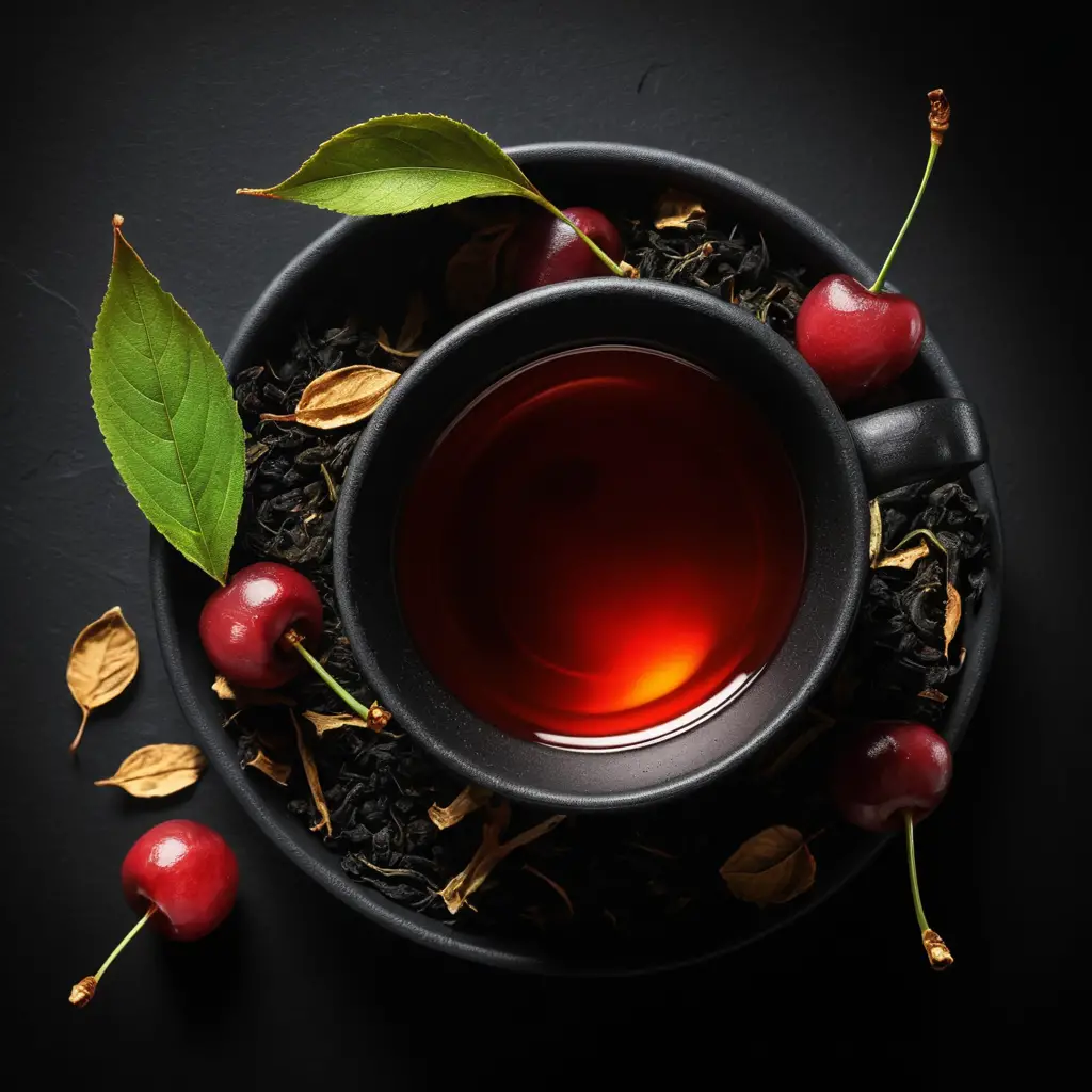 Taza de té negro con cerezas sobre fondo abstracto oscuro