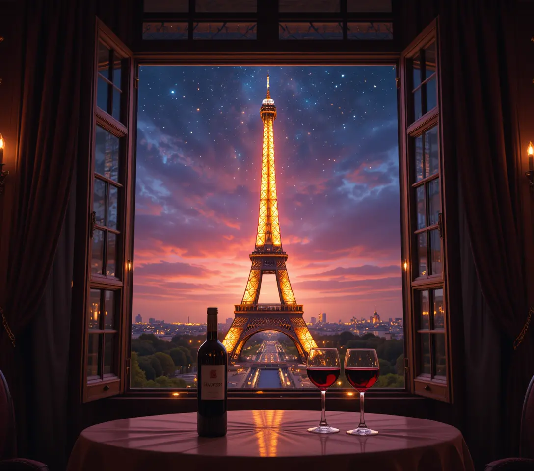 Salon romantique à Paris avec vue nocturne sur la tour Eiffel