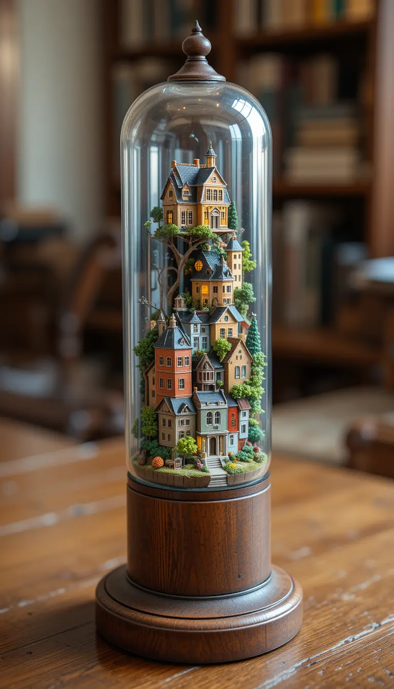 Valvola a vuoto d’epoca con minuscola città colorata su scrivania in rovere