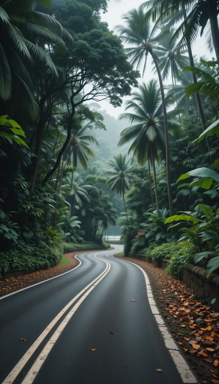 Kurvenreiche tropische Waldstraße unter sanft bedecktem Himmel