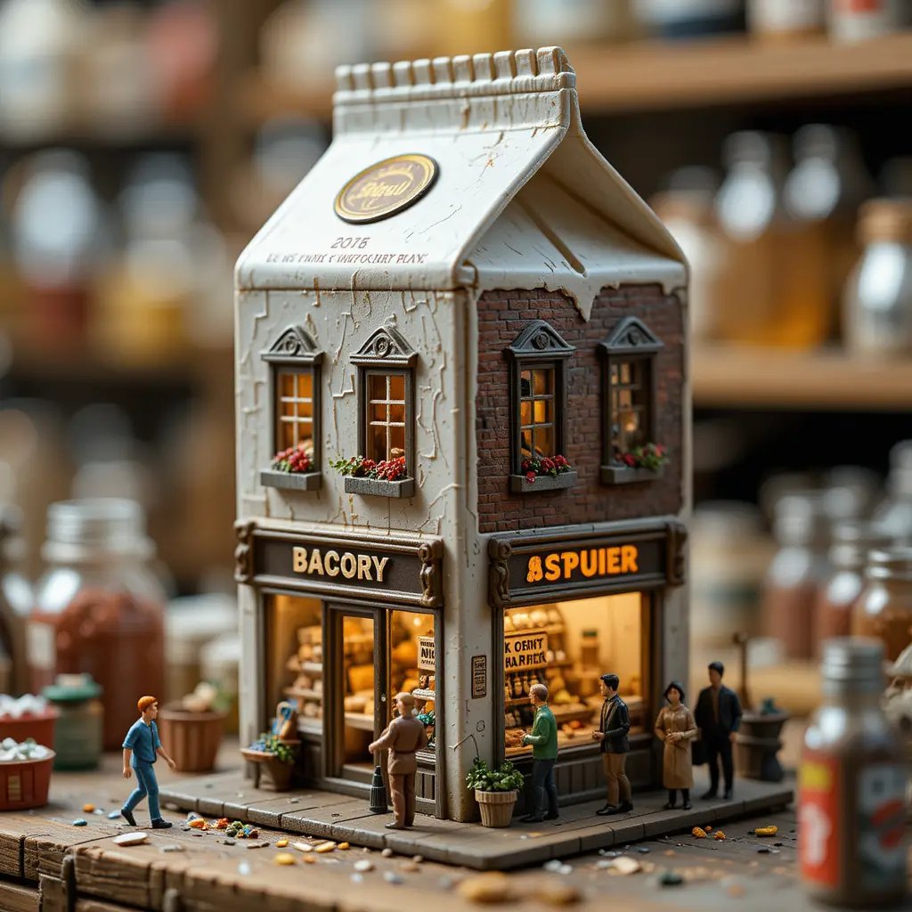 Miniatur-Supermarkt-Diorama in Milchkarton mit winzigen Einkäufern
