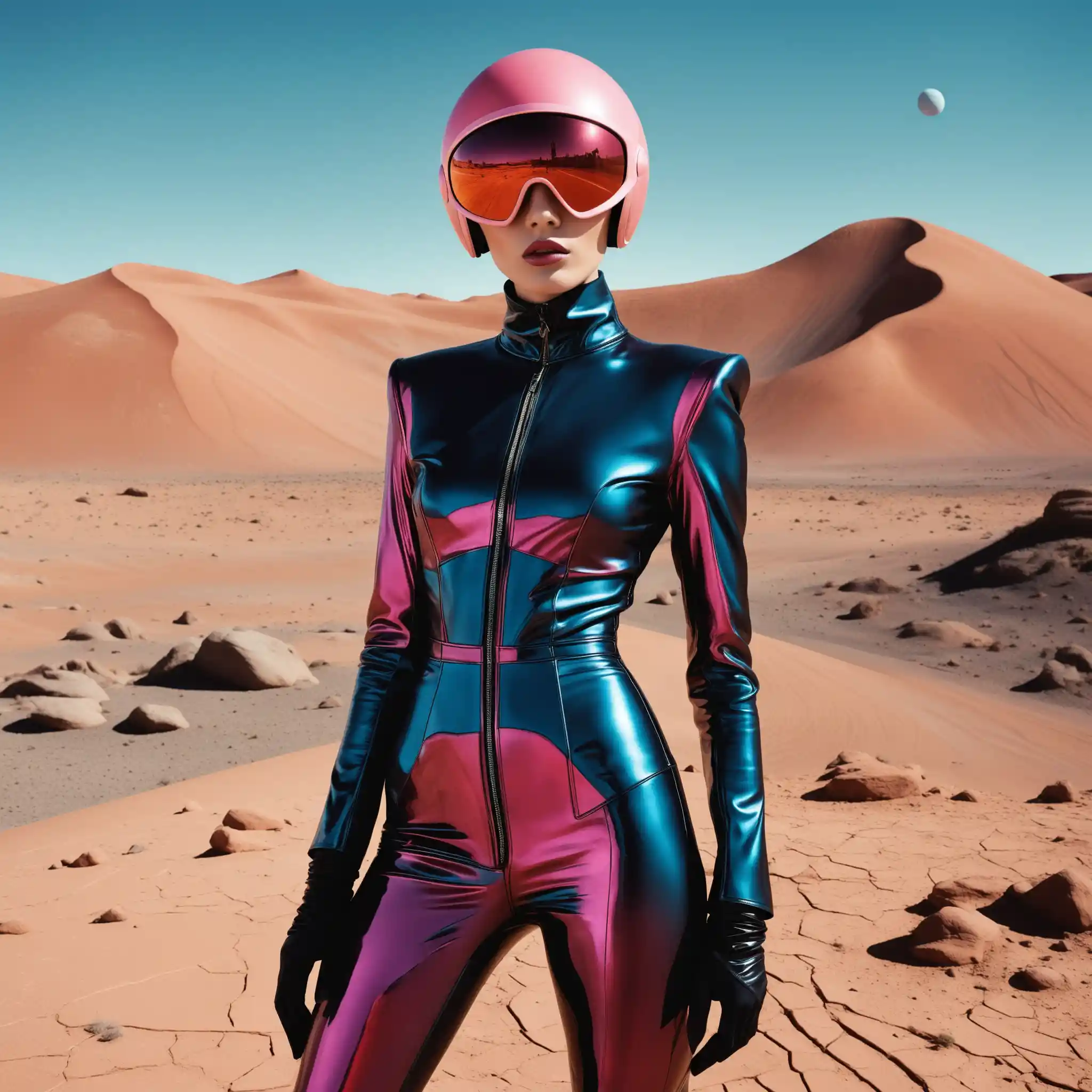 Modefotograf und Model in futuristischer Marsstadt