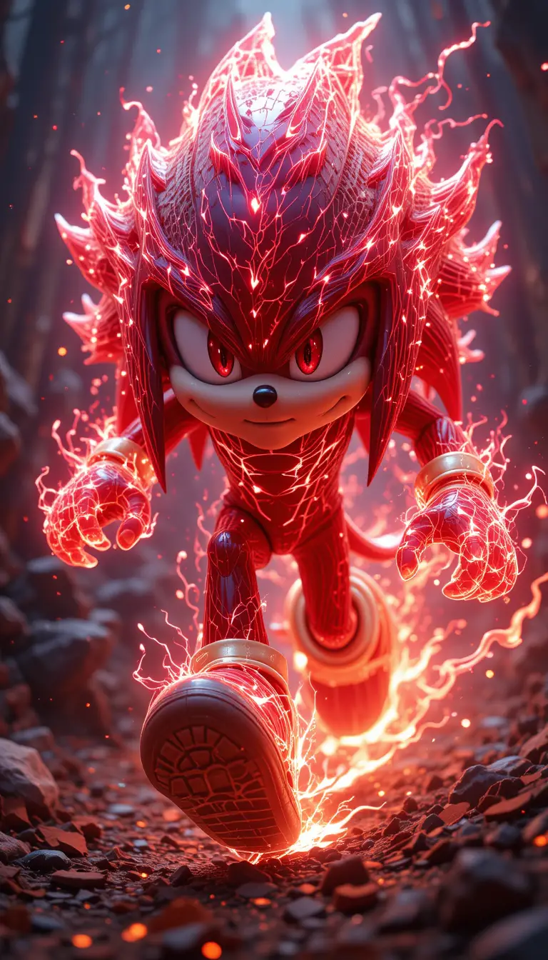 Anthropomorphic warrior running through a fiery digital path